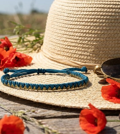 Bracelet femme tissé turquoise et doré – résistant à l'eau – fait main