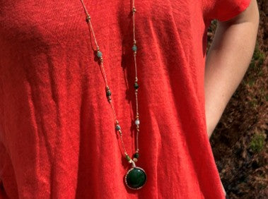 Collier femme : Sautoir Bohème Pierre Ronde vert (Aventurine)