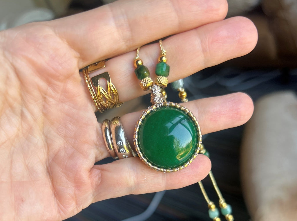 Collier femme : Sautoir Bohème Pierre Ronde vert (Aventurine)