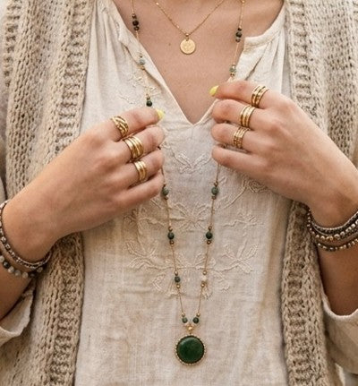 Collier femme : Sautoir Bohème Pierre Ronde vert (Aventurine)