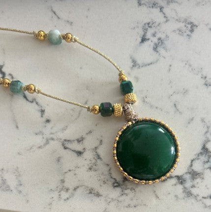 Collier femme : Sautoir Bohème Pierre Ronde vert (Aventurine)